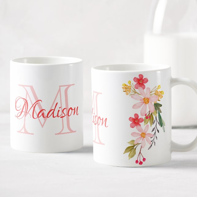 Söt Rosa Watercolor Blommigt Anpassningsbar Monogr Kaffemugg (Skapare uppladdad)