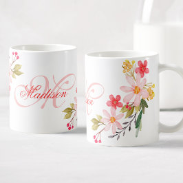 Söt Rosa Watercolor Blommigt Anpassningsbar Monogr Kaffemugg