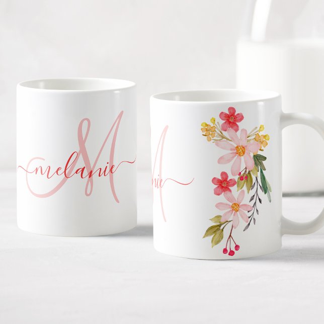 Söt Rosa Watercolor Blommigt Anpassningsbar Monogr Kaffemugg (Skapare uppladdad)