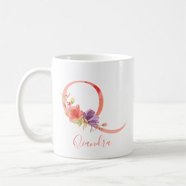 Söt Rosa Watercolor Brev ’Q’ Kaffemugg (Vänster)