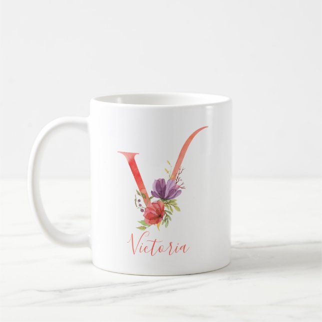 Söt Rosa Watercolor Brev ’V’ Kaffemugg (Vänster)