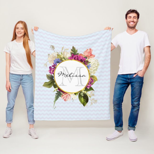 Söt Rosa Watercolor Flowers Monogram Fleecefilt (På plats)