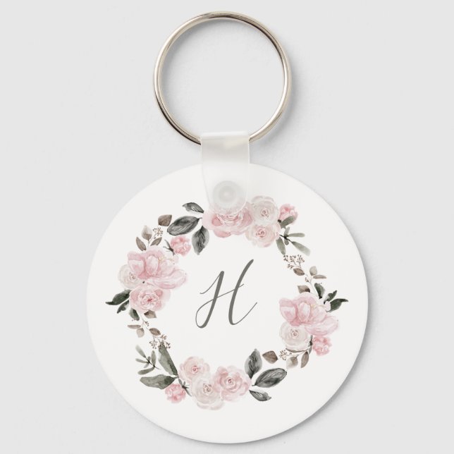 Söt Rosa Watercolor Flowers | Monogram Nyckelring (Framsida)