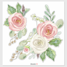 Söt Rosa Watercolor Peony Blommigt w Löv Klistermärken