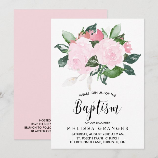 Söt Rosa Watercolor Ro Baptism Inbjudningar (Fram/baksida)