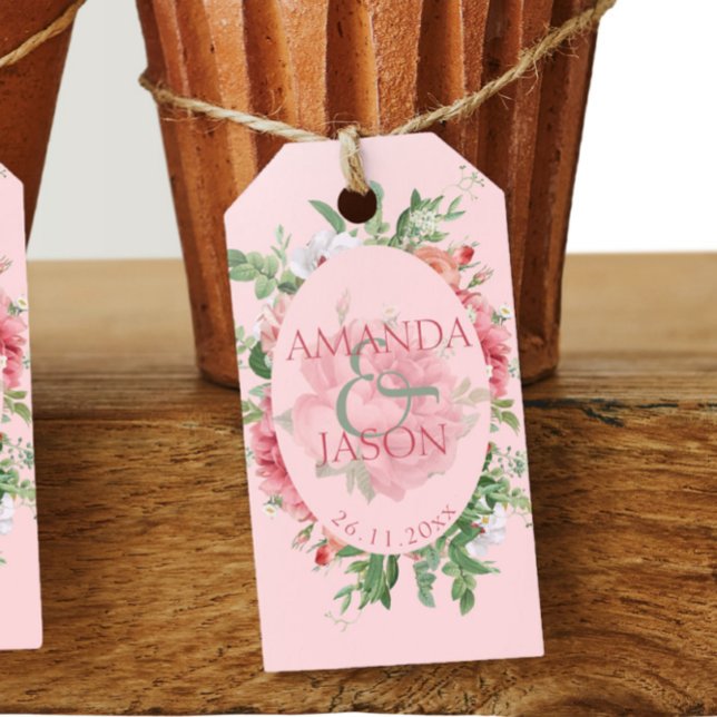 Söt  Rosa White Blommigt Bröllop Gift Märkres Presentetikett (Pretty Blush Pink White Floral Wedding Gift Tags)