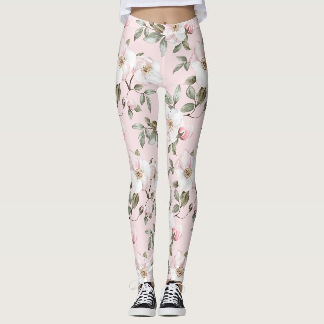 Söt Rosa White Blommigt Leggings (Framsida)
