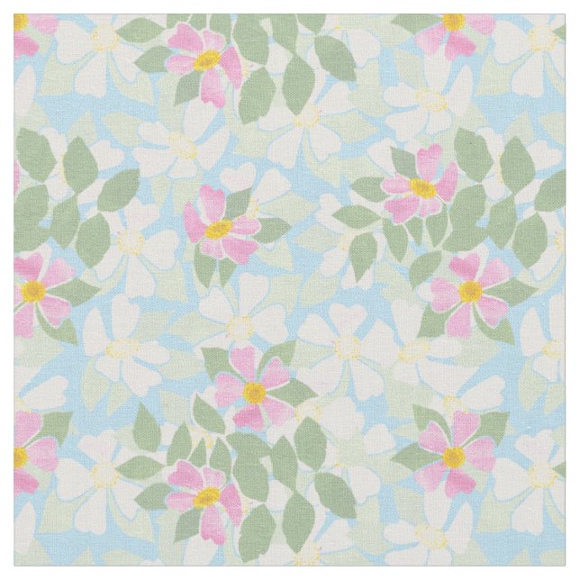 Söt Rosa White Hund Ro på Himmel Blue Fabric Tyg (Närbild)