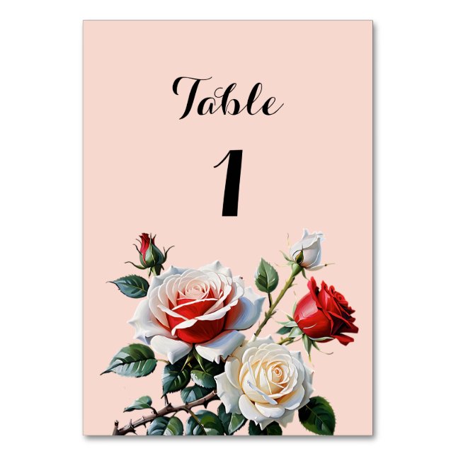 Söt rosa White röd ros blommigt bröllop Bordsnummer (Framsidan)