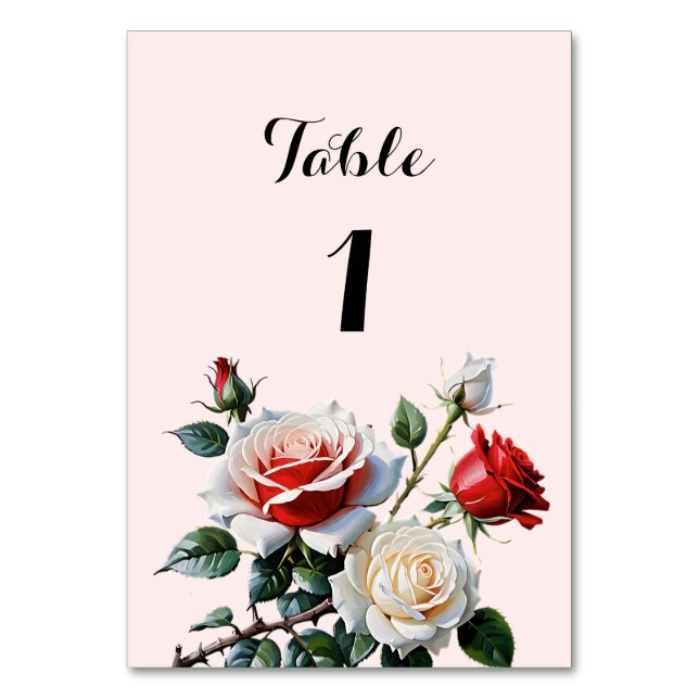 Söt rosa White röd ros blommigt bröllop Bordsnummer (Framsidan)