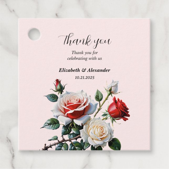Söt rosa White röd ros blommigt bröllop Gåvor Etiketter (Framsida)
