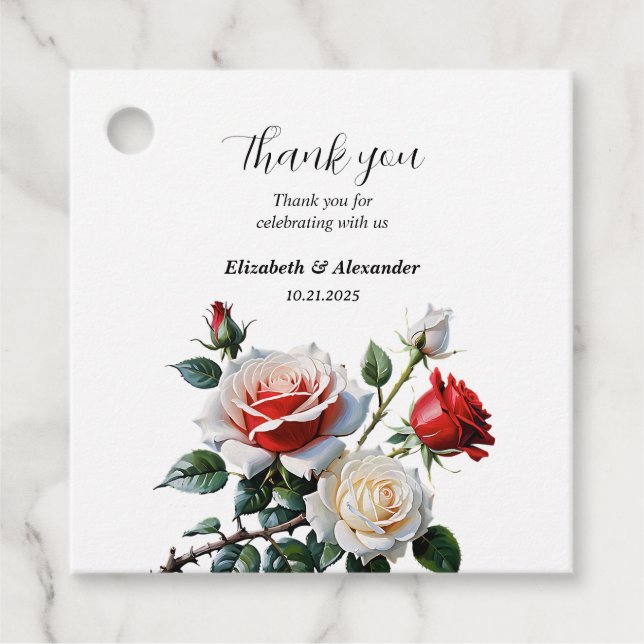 Söt rosa White röd ros blommigt bröllop Gåvor Etiketter (Framsida)