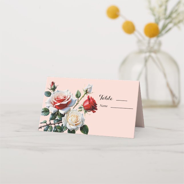 Söt rosa White röd ros blommigt bröllop Placeringskort (Framsida)
