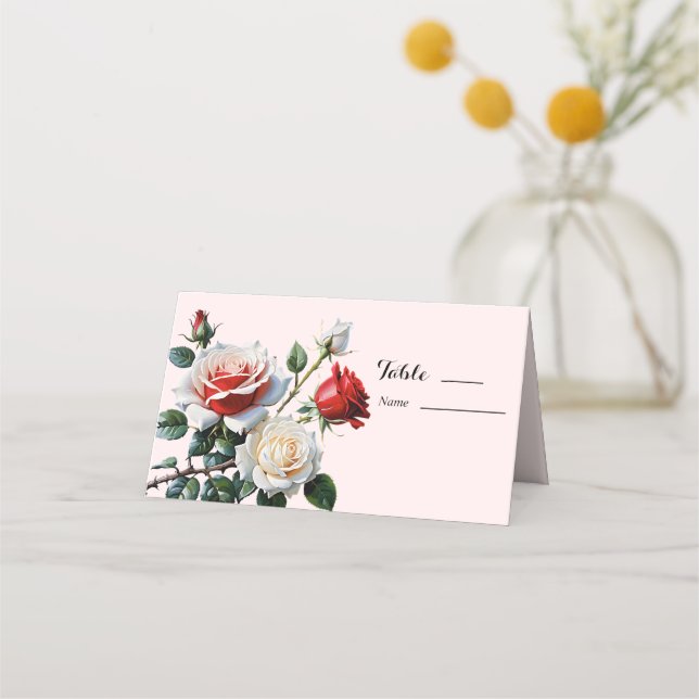 Söt rosa White röd ros blommigt bröllop Placeringskort (Framsida)