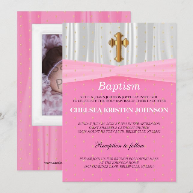 Söt Rosa & White Satin Baptism / Christening Inbjudningar (Fram/baksida)