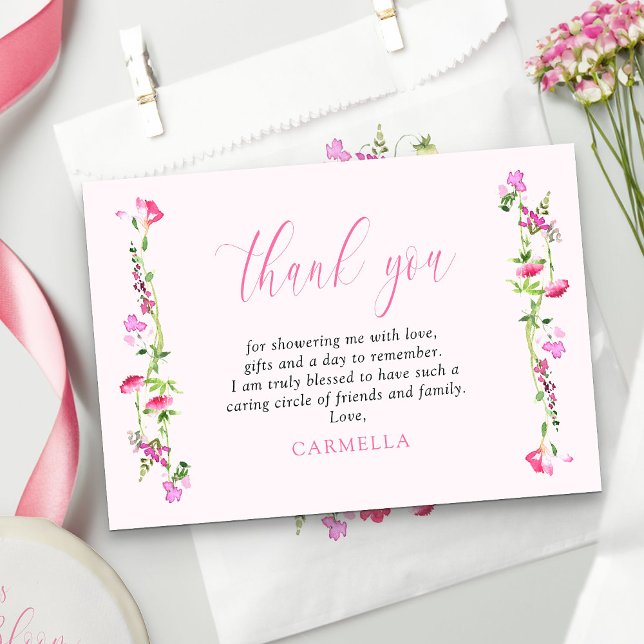 Söt Rosa Wildblomdelikat Blommigt Tack Kort (Pretty pink thank you cards with pink calligraphy from my Pink Wildflower Bridal Shower collection)
