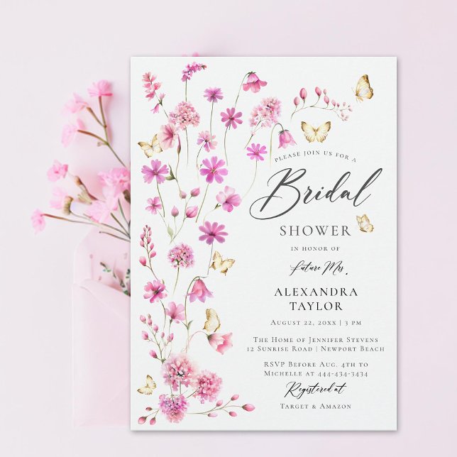 Söt Rosa Wildblommor Butterflies Möhippa Inbjudningar (pretty pink wildflowers gold butterflies elegant boho bridal shower invitation garden rustic girly)
