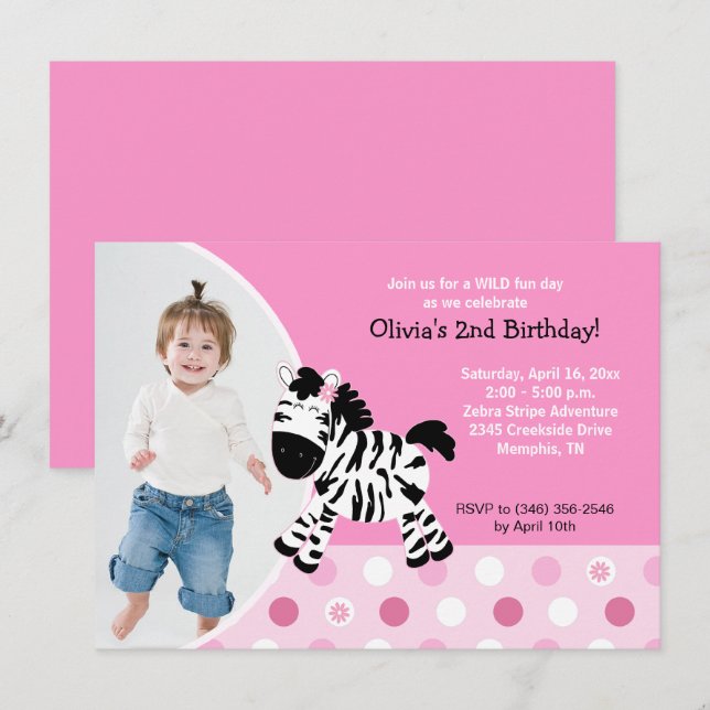 Söt Rosa Zebra Flicka Foto Födelsedagsinbjudan Inbjudningar (Fram/baksida)