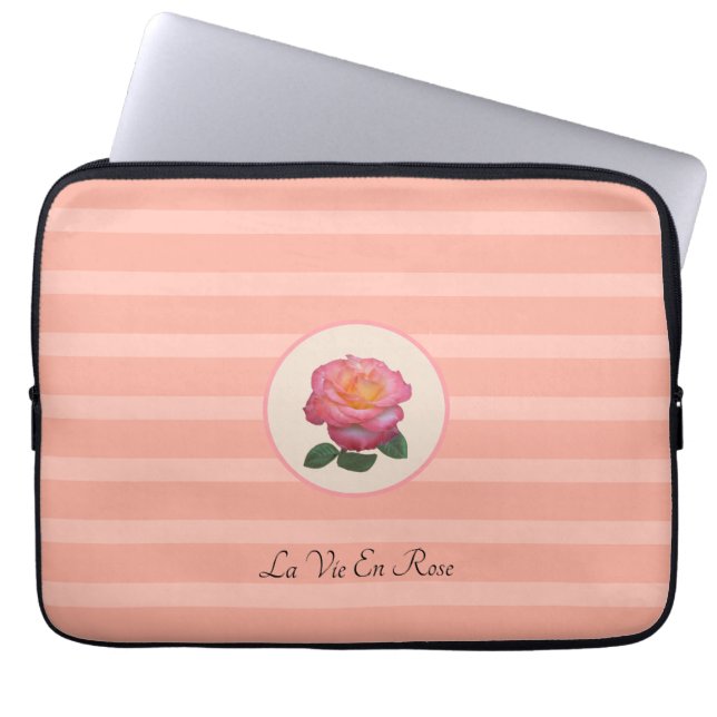 Söt rosblomma på korallrosa randig laptop fodral (Framsidan)