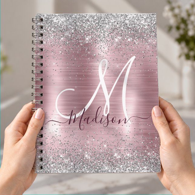 Söt rosrod silverfärgad falsk glittermonogram anteckningsbok (Skapare uppladdad)