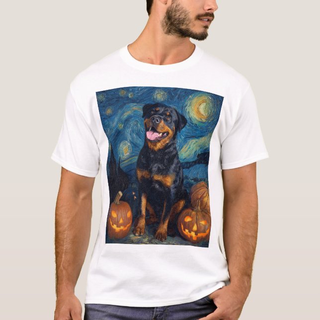 Söt Rottweiler Halloween Jack O Lantern Pumpa T Shirt (Framsida)
