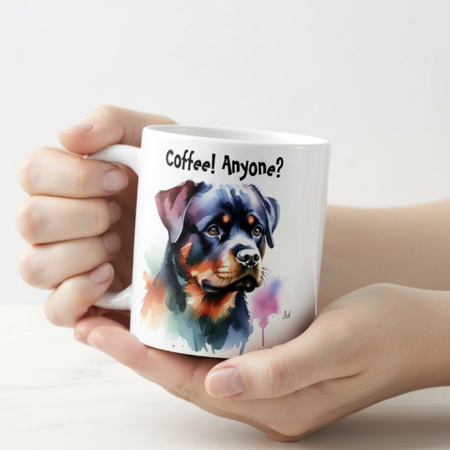 Söt Rottweiler ''Kaffe! Någon?''  Kaffemugg (Skapare uppladdad)