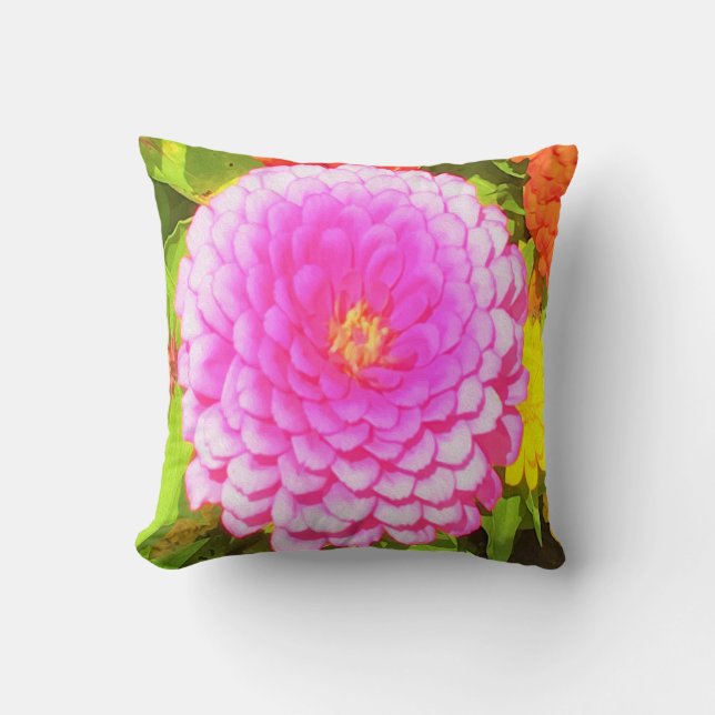 Söt Round Rosa Zinnia i sommarträdgården Kudde (Framsida)