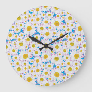 Söt Round Wall Clock: Ditzy Daisys on Blue Stor Klocka