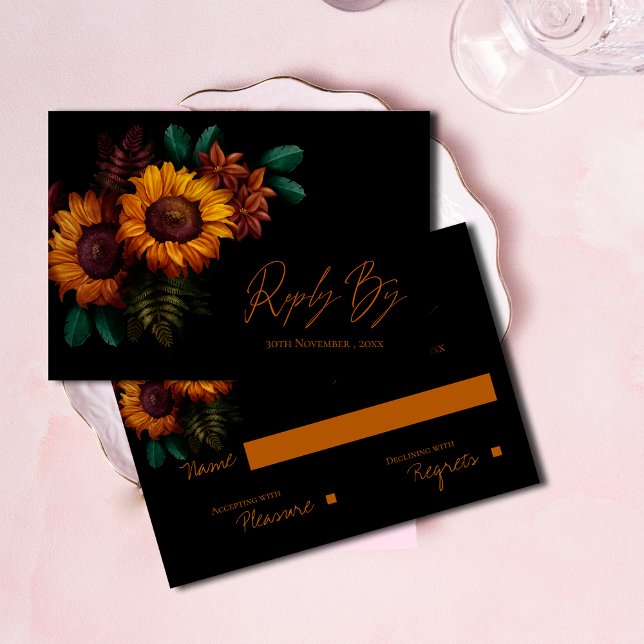 Söt Rustic Black Burnt Orange Blommigt Bröllop OSA Kort (Pretty Rustic Black Burnt Orange Floral Wedding RSVP Card)