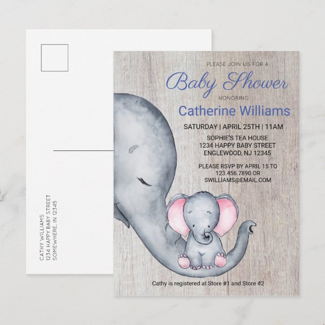 Söt Rustic Elephant Blue Boy Shower Inbjudan (Fram/baksida)