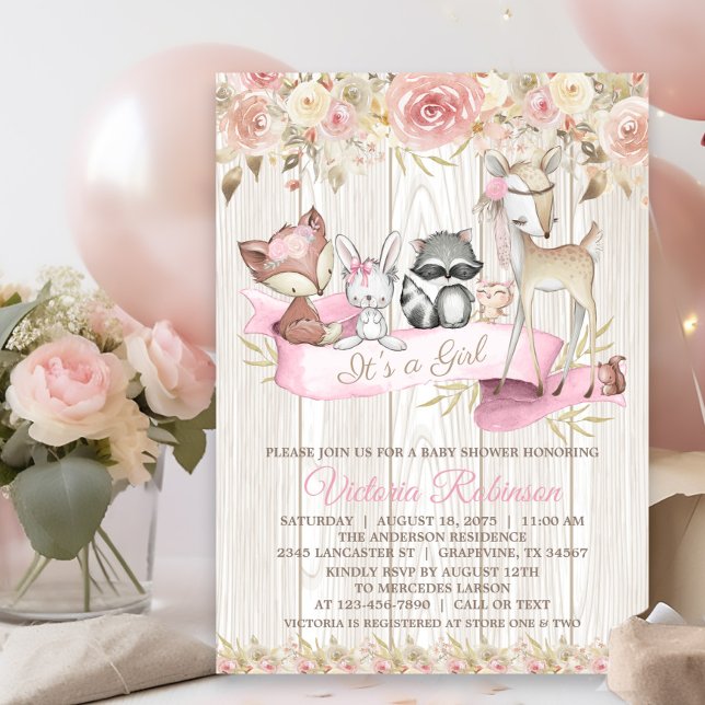 Söt Rustic Forest Woodland Animal Baby Shower Inbjudningar (Cute woodland baby shower invitation with sweet baby animals on a rustic wood and floral background.)