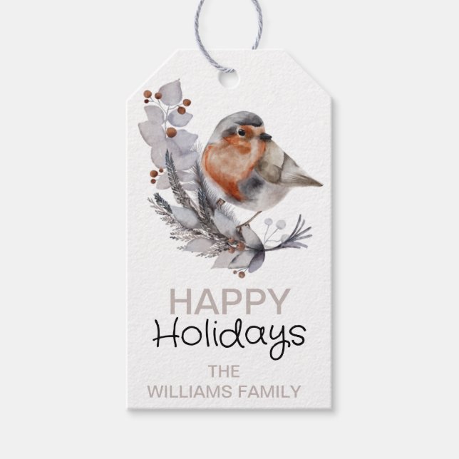 Söt Rustic Winter Sparrow-jul Presentetikett (Framsidan)