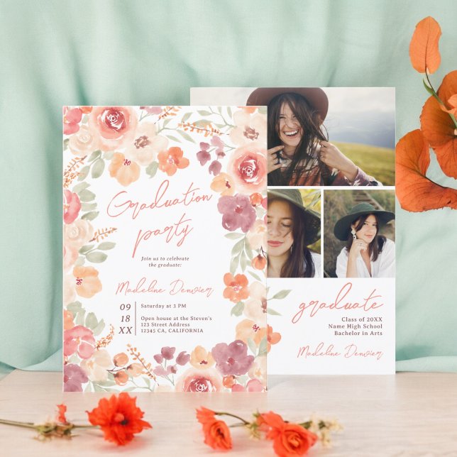 Söt rustik boho blommigt 3 foton studenten inbjudningar (Pretty rustic boho floral 3 photos graduation invitation)