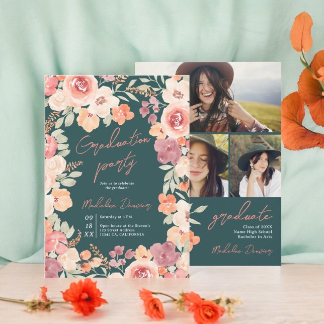 Söt rustik boho blommigt teal 3 foton studenten inbjudningar (Pretty rustic boho floral teal 3 photos graduation invitation on dark teal)