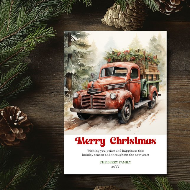Söt rustik julscen röd lastbil vinter julkort (Sweet rustic Christmas scene red truck winter)