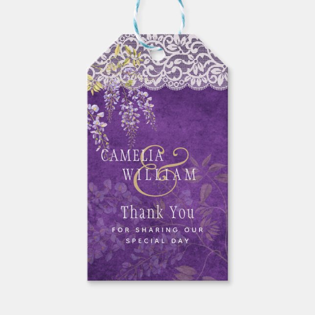 Söt Rustik Lila WISTERIA Snöre Bröllop Presentetikett (Framsidan)