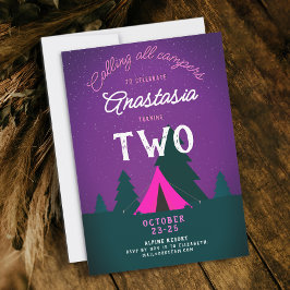 Söt Rustik Tjejaktig Lila Rosa Camping 2-års Födel Inbjudningar