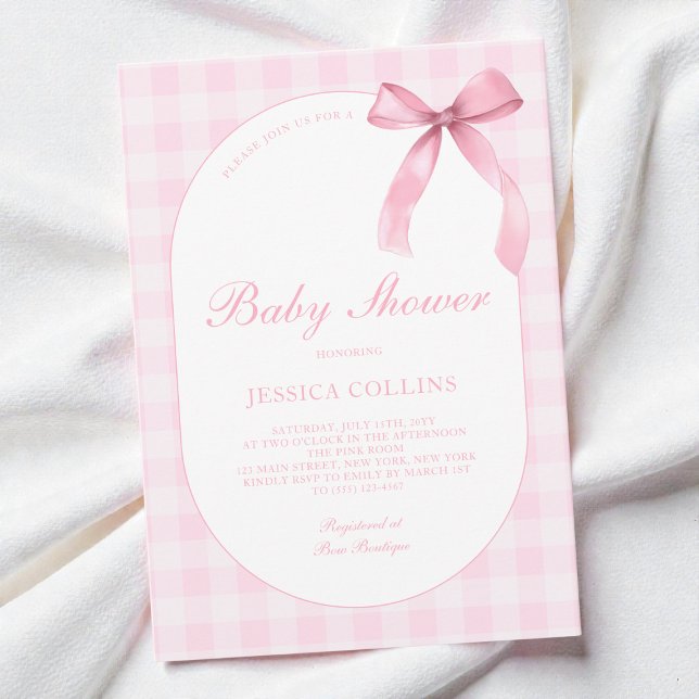 Söt Rutig Akvarell Rosa Båge Flicka Bebis Shower Inbjudningar (Cute Gingham Watercolor Pink Bow Girl Baby Shower Invitation)