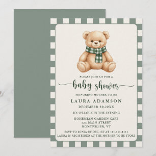 Söt rutig pläd nalle vinterbebis baby shower inbjudningar