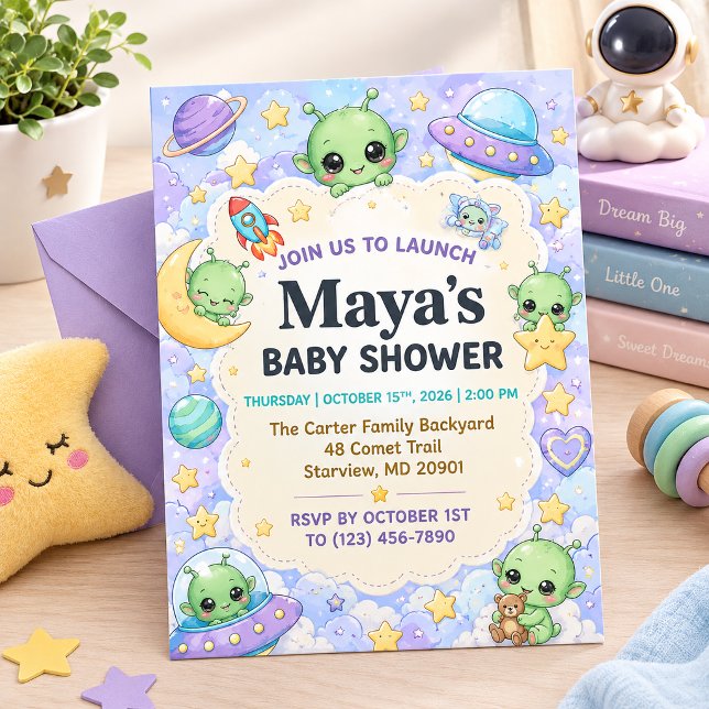 Söt Rymd Alien Bebis Shower Inbjudningar (Cute Space Alien Baby Shower Invitation ✨ Personalized 5x7 design with adorable aliens, stars, plane)