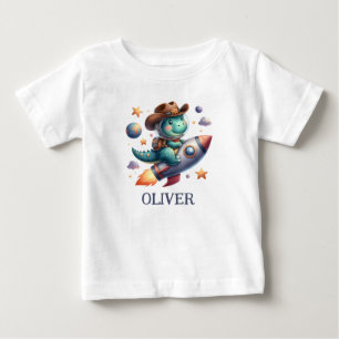 Söt rymdcowboy-dinosaurie ridande på rymdraket t shirt