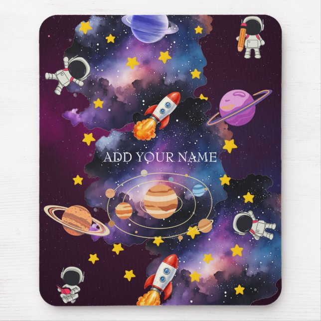 Söt rymdgalax astronaut anpassat namn musmatta (Framsidan)