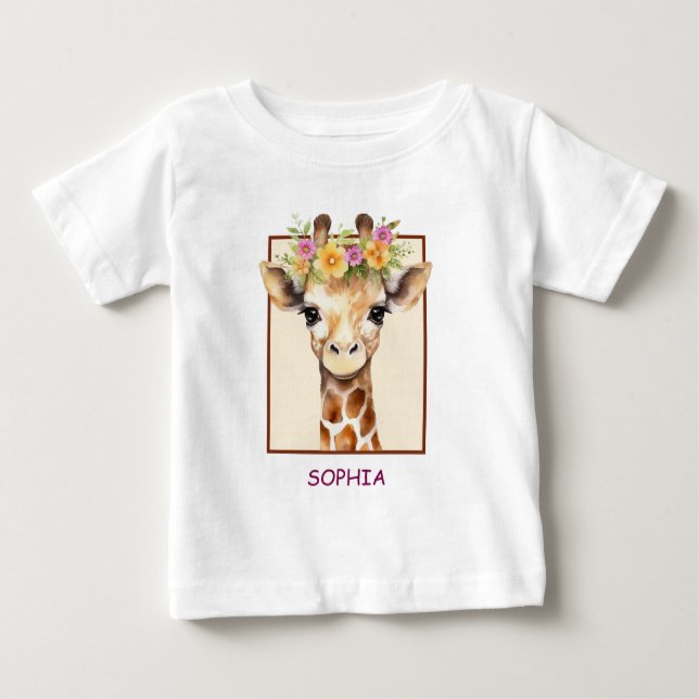 Söt Safari Baby Giraff i Rosa och Gult T Shirt (Framsida)