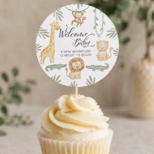 Söt Safari Djungel Välkommen Bebis Cupcake Topp Runt Klistermärke