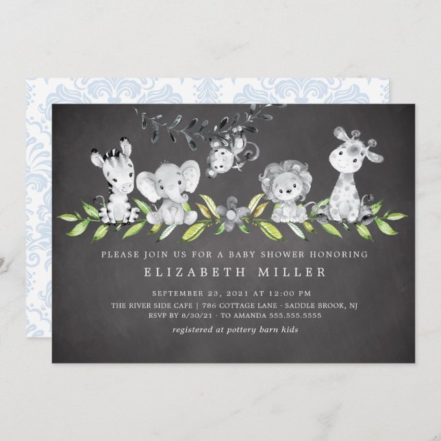 Söt Safari Djur Pojke Bebis Shower Inbjudan (Fram/baksida)