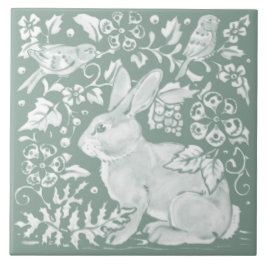Söt Sage Grönt Rabbit Bird Woodland Blommigt Kakelplatta