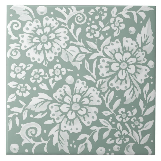 Söt Sage Grönt Vit Blommigt Blomsterdesign Kakelplatta (Framsidan)