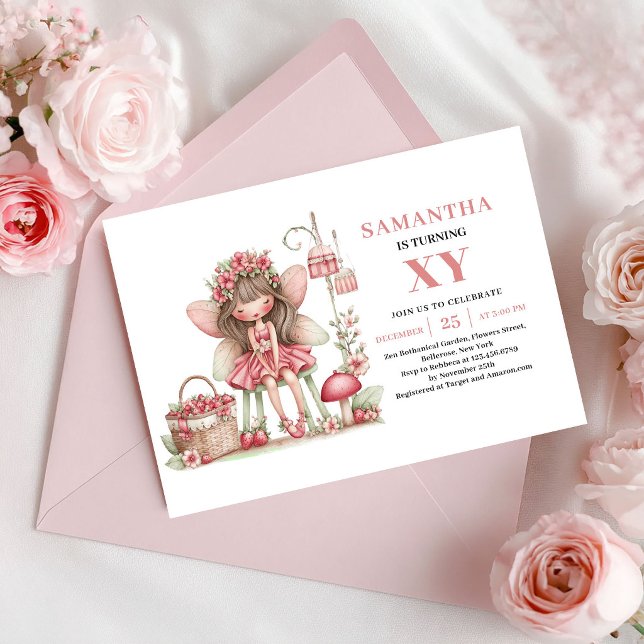 Söt Sagoflicka 5-års Födelsedag Blommig Rosa Inbju Inbjudningar (Cute Fairy Girl 5th Birthday Floral Pink Invitation)