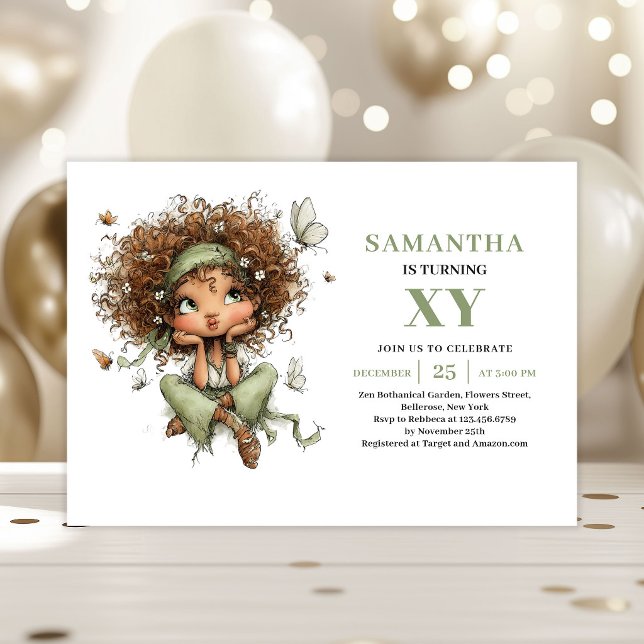 Söt Sagoflicka 5-års Födelsedags Dammgrön Inbjudan (Cute Fairy Girl 5th Birthday Dusty Green Invitation)