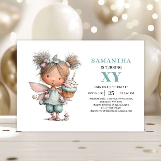 Söt Sagoflicka 5-års Födelsedags Inbjudan med Magi (Cute Fairy Girl 5th Birthday Whimsy Magical invitation)